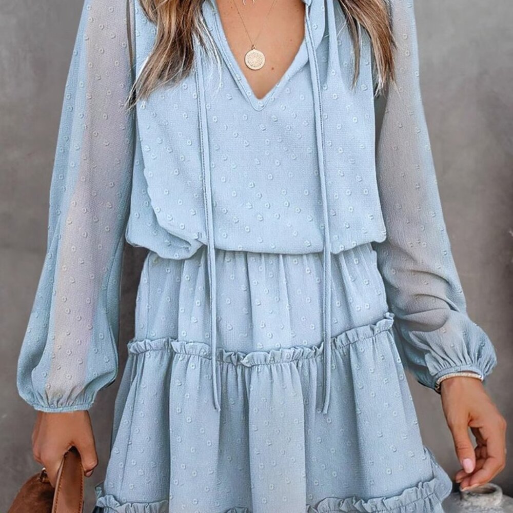 Ruffled tulle knee-length dress Solid color casual pullover dress